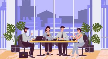 Cartoon Color Characters People Eating in Office Night Time Concept. vector