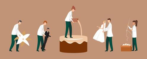Cartoon Color Tiny Characters People Make Wedding Cake Concept. vector