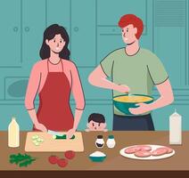 Cartoon Color Characters Couple with Child Cooking in Kitchen. vector
