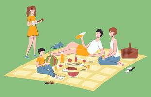 Cartoon Color Characters Couple with Child on Picnic Concept. vector