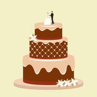 Cartoon Color Wedding Cake with Flowers and Figurines of Bride and Groom on Top Concept. vector