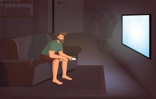 Cartoon Color Character Man Watching TV Concept. vector
