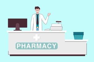 Cartoon Color Character Person Male Pharmacist Checkout Concept. vector
