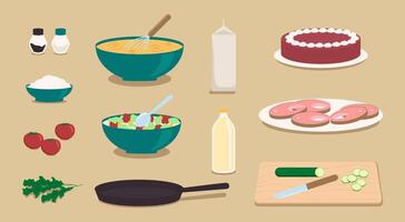 Cartoon Color Different Types Cooking Elements Set. vector