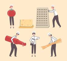 Cartoon Color Tiny Characters People Make Pasta Concept. vector