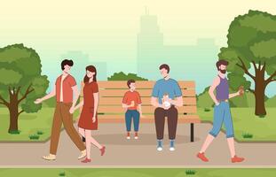 Cartoon Color Characters People Walking in Park. vector