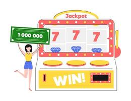 Cartoon Character Girl Slot and Machine with One Arm Casino Concept. vector