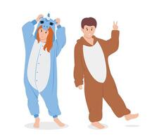 Cartoon Color Characters Couple in Pajamas Concept. vector