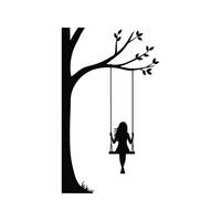 Silhouette of girl on swing hanging on tree black and white illustration vector