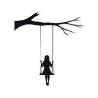 Silhouette of girl on swing on tree branch black and white illustration vector