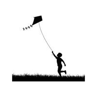 Silhouette of a Child Flying a Kite Black and White Illustration vector