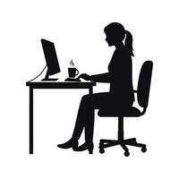 Silhouette of woman working at computer desk with coffee office work business female employee vector