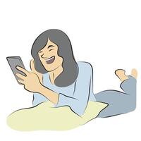 woman laughing while using smartphone illustration hand drawn with black lines isolated on white background. vector