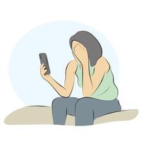 woman holding mobile phone with sadness illustration hand drawn with black lines isolated on white background. vector