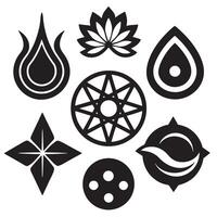 Collection of seven distinct black and white abstract geometric and nature inspired symbols arranged on a white background vector