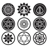 Collection of nine circular black and white geometric and floral symbols arranged in a three by three grid vector