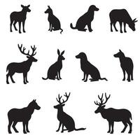 Collection of black silhouette animal poses featuring deer dogs and rabbits against a white background vector