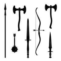 A graphic illustration displays a variety of historical weaponry in silhouette. The collection features a spear, double-headed axes, a mace, swords, and a bow with an arrow. vector