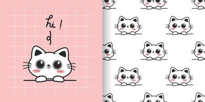 Set of Kawaii happy cat with big eye on pink background and seamless pattern on white, Cute white cat cartoon pattern and card, Nursery childish pattern vector