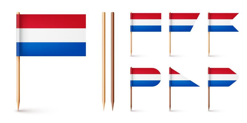 Realistic various Dutch toothpick flags. Souvenir from Netherlands. Wooden toothpicks with paper flag. Location mark, map pointer. Blank mockup for advertising and promotions. illustration