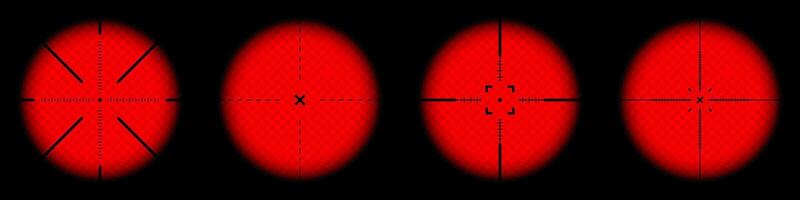 Various weapon thermal infrared sights, sniper rifle optical scopes. Hunting gun viewfinder with crosshair. Aim, shooting mark symbol. Military target sign. Game UI element. illustration vector