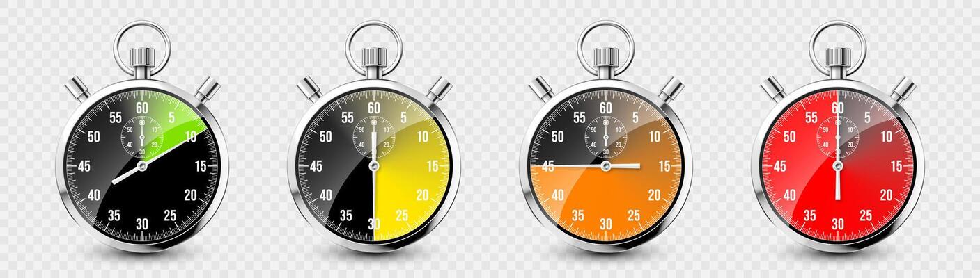 Realistic classic stopwatch. Shiny metal chronometer, time counter with dial. Colorful countdown timer showing minutes and seconds. Time measurement for sport, start and finish. illustration