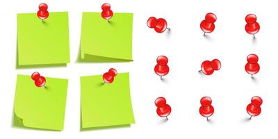 Realistic blank sticky notes isolated on white background. Green sheets of note paper with red push pins. Paper reminder and plastic pushpin with needle. Board tacks. illustration vector