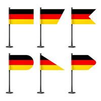 Realistic various German table flags on a black steel pole. Souvenir from Germany. Desk flag made of paper or fabric, shiny metal stand. Mockup for promotion and advertising. illustration vector