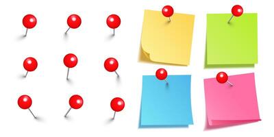 Realistic blank sticky notes isolated on white background. Colorful sheets of note paper with red round push pins. Paper reminder and plastic pushpin with needle. Board tacks. illustration vector