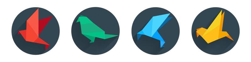 Colorful origami birds collection. Flat style paper crane with shadow. illustration. vector