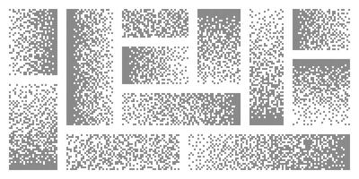 Pixel disintegration, decay effect. Various rectangular elements made of round shapes. Dispersed dotted pattern. Mosaic texture with simple particles. illustration. vector
