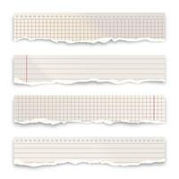 Ripped paper strips isolated on white background. Realistic crumpled paper scraps with torn edges. Lined shreds of notebook pages. illustration. vector