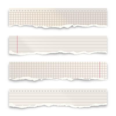 Ripped paper strips isolated on white background. Realistic crumpled paper scraps with torn edges. Lined shreds of notebook pages. illustration.