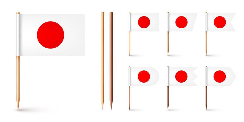 Realistic various Japanese toothpick flags. Souvenir from Japan. Wooden toothpicks with paper flag. Location mark, map pointer. Blank mockup for advertising and promotions. illustration