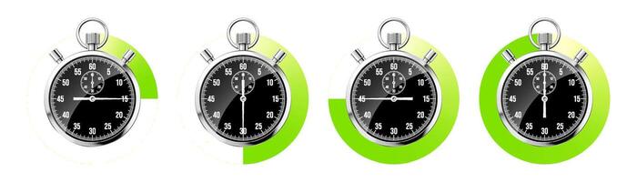 Realistic classic stopwatch. Shiny metal chronometer, black time counter with dial. Green countdown timer showing minutes, seconds. Time measurement for sport, start and finish. illustration vector