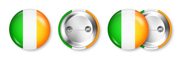 Realistic button badge with printed Irish flag. Souvenir from Ireland. Glossy pin badge with shiny metal clasp. Product mockup for advertising and promotion. illustration vector