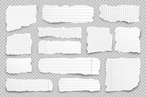 Ripped paper strips on transparent background. Realistic crumpled paper scraps with torn edges. Lined shreds of notebook pages. illustration. vector