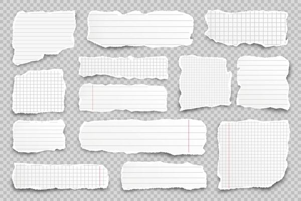 Ripped paper strips on transparent background. Realistic crumpled paper scraps with torn edges. Lined shreds of notebook pages. illustration.