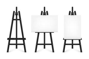 Realistic paint desk with blank white canvas. Black wooden easel and a sheet of drawing paper. Presentation board on a tripod. Artwork mockup, template. illustration vector