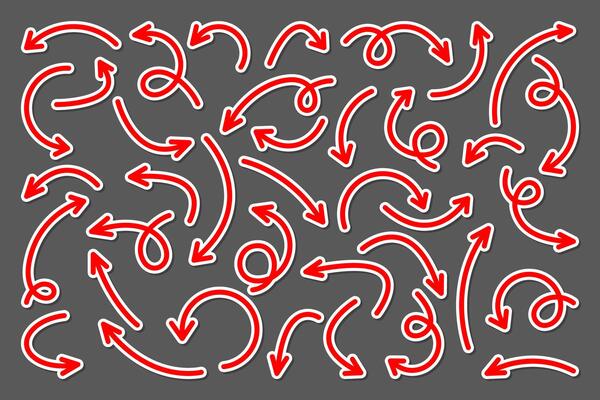Colorful hand drawn arrow stickers set. Red pointers collection. Simple arrows in different shapes. Direction signs. illustration.