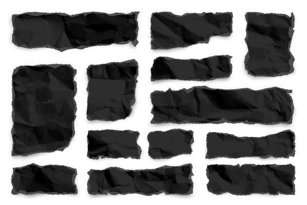 Black ripped paper strips on white background. Realistic crumpled paper scraps with torn edges. Shreds of notebook pages. illustration