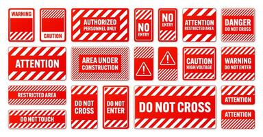 Various white and red warning signs with diagonal lines. Attention, danger or caution sign, construction site signage. Realistic notice signboard, warning banner, road shield. illustration vector