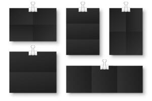 Blank black folded paper sheets with binder clips. Notebook or book page and metal holder. Design template or mockup. illustration. vector