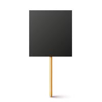 Blank black protest sign with wooden holder. Realistic demonstration banner. Strike action cardboard placard mockup. vector