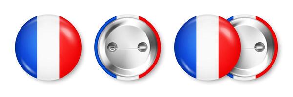 Realistic button badge with printed French flag. Souvenir from France. Glossy pin badge with shiny metal clasp. Product mockup for advertising and promotion. illustration vector