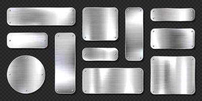 Realistic shiny metal banners set. Brushed steel plate with screws. Polished silver metal surface. illustration. vector