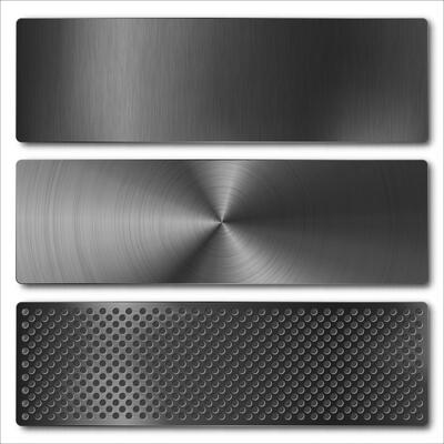 Various realistic black metal banners collection. Brushed steel or aluminium plate, panel with screws. Polished metal surface. Old grunge texture with scratches. illustration