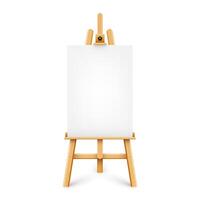 Realistic paint desk with blank white canvas. Wooden easel and a sheet of drawing paper. Presentation board on a tripod. Artwork mockup, template. illustration vector