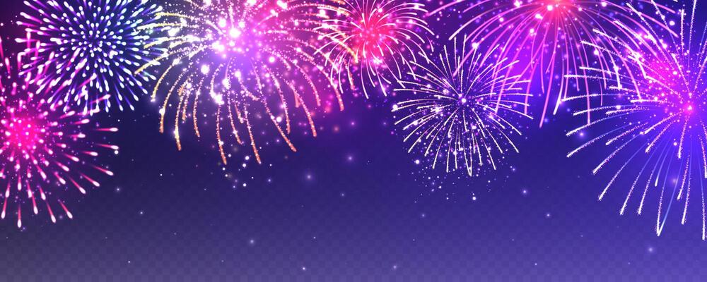 Realistic festive fireworks with transparency effect. Colorful explosion with bright sparks. Christmas or New Year greeting card design element. Diwali festival of lights. illustration