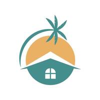 A house with palm trees and a sun in the background vector